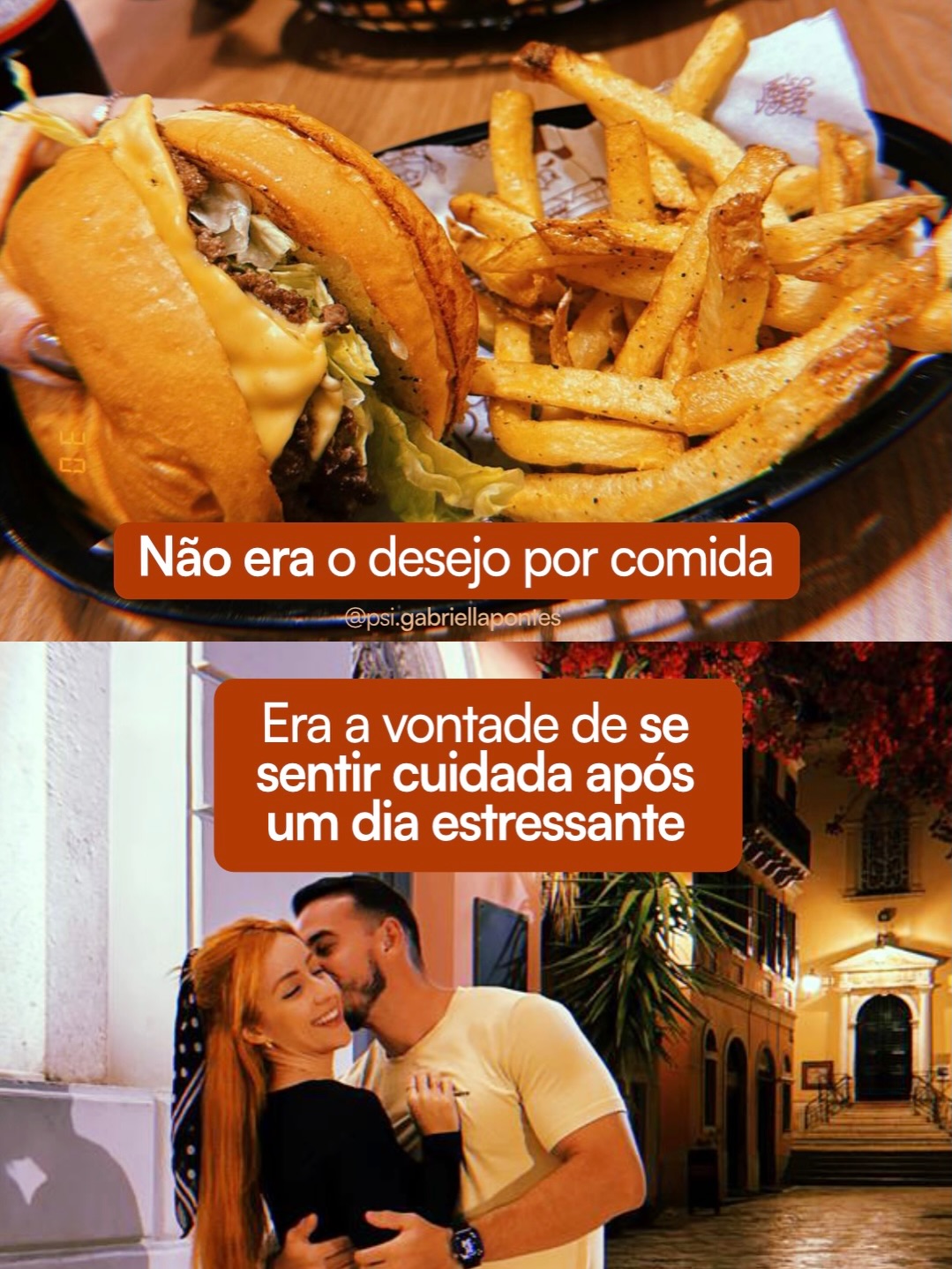 Publicação de Gabriella relacionando desejo por comida e necessidade de cuidado após um dia estressante